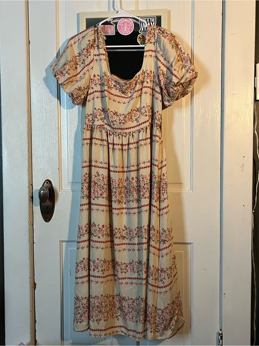 Cream Floral Maxi Dress with Puff Sleeves